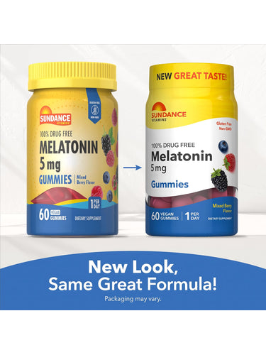 Melatonin 5 mg 60 Gummies shown in both old yellow and new white bottles, labeled Gluten Free, Non-GMO, 100% Drug Free.