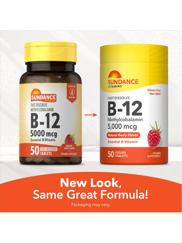 Sundance Vitamins B-12 Methylcobalamin 5000 mcg, 50 vegan tablets, fast dissolve, natural berry flavor, gluten-free, non-GMO.