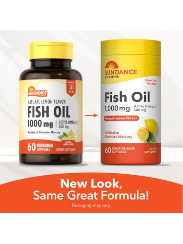 Sundance Vitamins Fish Oil 1000 mg, 60 Quick Release Softgels, Natural Lemon Flavor. New Look, Same Great Formula!