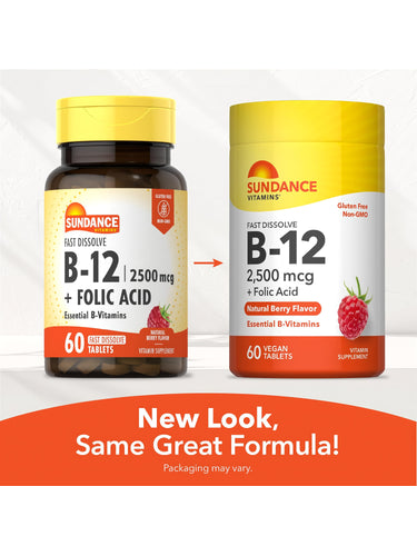 Sundance Vitamins Fast Dissolve B-12 2500 mcg plus Folic Acid, Natural Berry Flavor, 60 Tablets, in old and new packaging.
