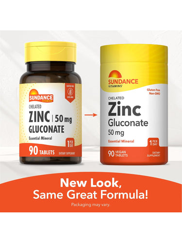 Sundance Vitamins Zinc Gluconate 50 mg tablets shown in current and updated packaging designs.
