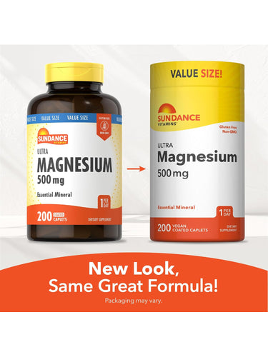 Sundance Vitamins Ultra Magnesium 500 mg 200 Vegan Coated Caplets, highlighting packaging update with vegan labeling.