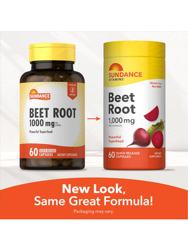 Sundance Vitamins Beet Root 1000mg, 60 Quick Release Capsules, shown in both old and new packaging.