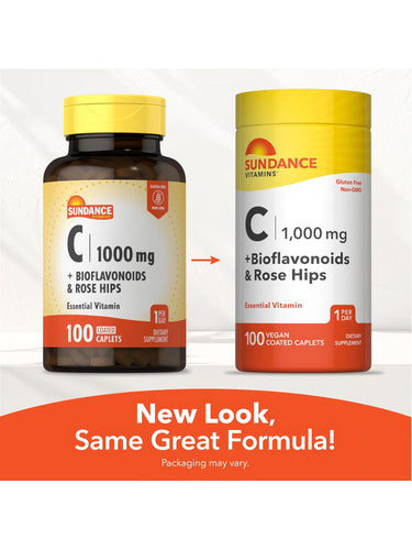 Sundance Vitamins C 1000 mg with Bioflavonoids & Rose Hips, 100 coated caplets, showcasing old and vegan new look packaging.
