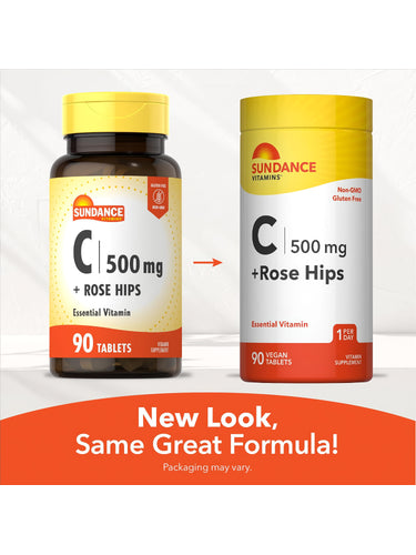 C 500 mg + Rose Hips 90 Tablets; comparing old dark packaging with new yellow packaging design.
