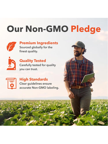 Infographic stating Our Non-GMO Pledge: Premium Ingredients, globally sourced. Quality Tested. High Standards for accurate labeling.