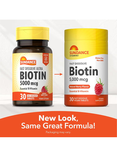 SD Biotin 5000 mcg 30 Fast Dissolve Tablets, showing old bottle and new packaging. Natural Berry Flavor, now Vegan.