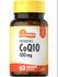 Bottle of absorbable CoQ10 100 mg quick release softgels with 60 capsules, displayed on a hand scale, emphasizing quantity and dosage.