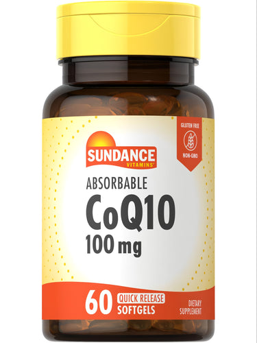 Bottle of absorbable CoQ10 100 mg quick release softgels with 60 capsules, displayed on a hand scale, emphasizing quantity and dosage.