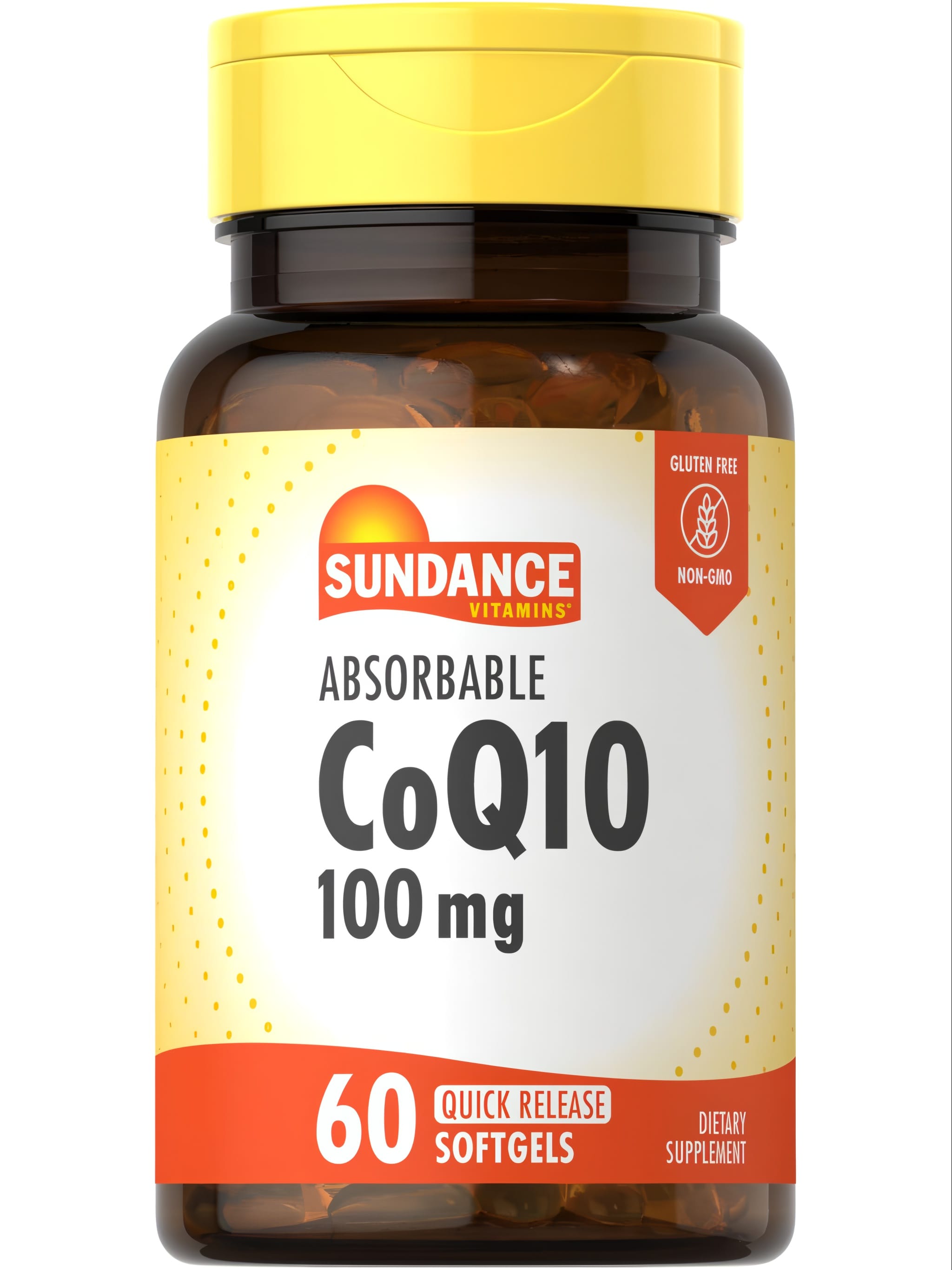 Bottle of absorbable CoQ10 100 mg quick release softgels with 60 capsules, displayed on a hand scale, emphasizing quantity and dosage.
