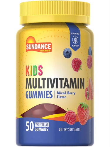 A hand holding a bottle of Sundance Kids Multivitamin Mixed Berry Gummies, containing 50 vegetarian gummies.