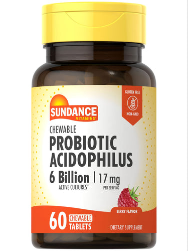 Hand holding Probiotic Acidophilus 6 Billion 17 mg per serving chewable tablets, 60 count bottle.