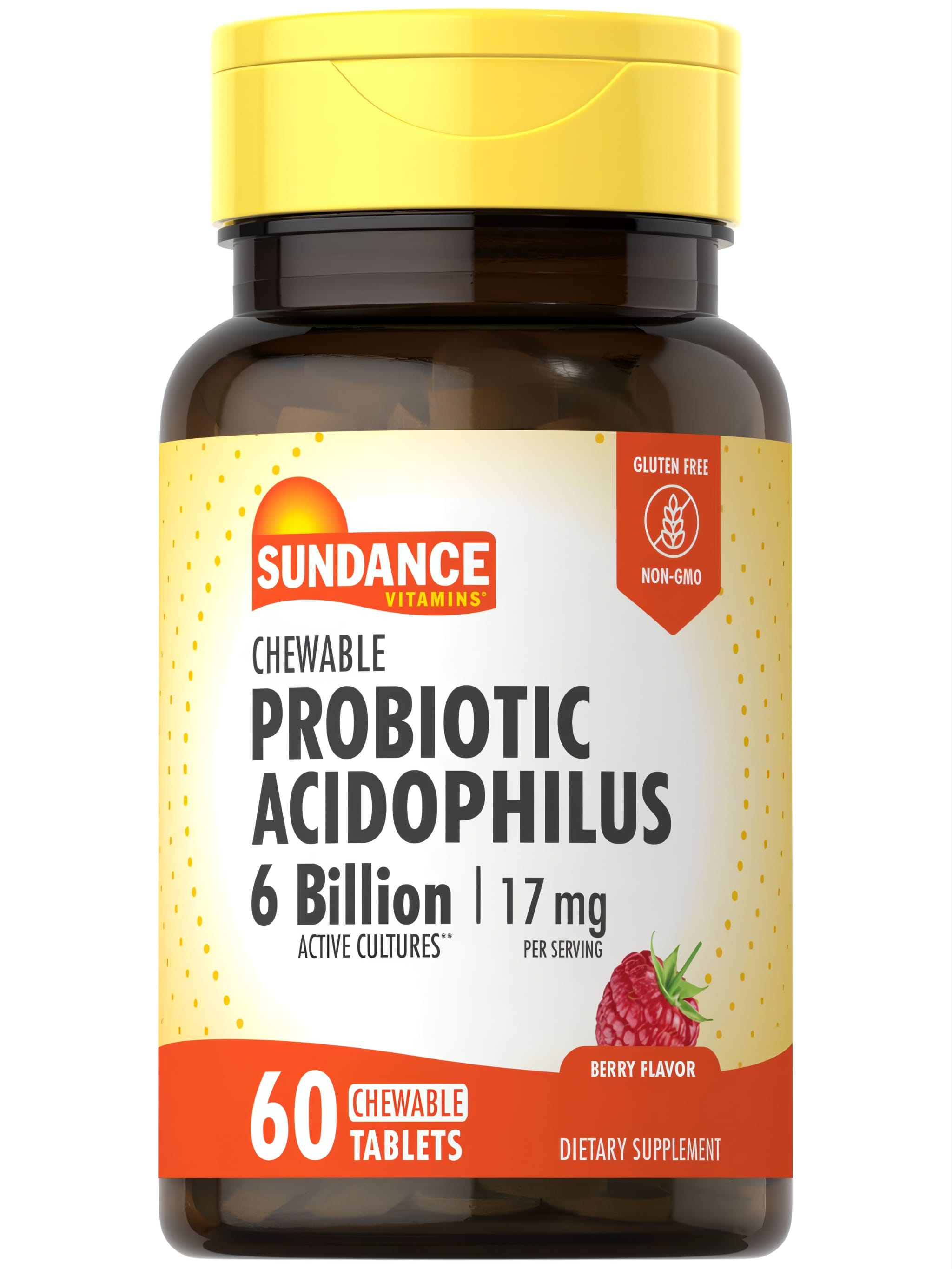 Hand holding Probiotic Acidophilus 6 Billion 17 mg per serving chewable tablets, 60 count bottle.