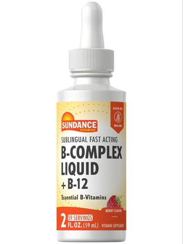 Sundance Vitamins Sublingual Fast Acting B-Complex Liquid + B-12, Berry Flavor, 2 fl. oz. bottle with 59 servings.