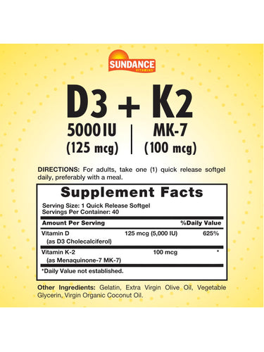 Softgel with Vitamin D 125 mcg (5,000 IU) and Vitamin K-2 100 mcg, shown in a hand for scale.
