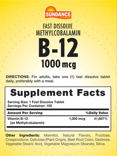 A hand holding a B-12 1000 mcg fast dissolve tablet.
