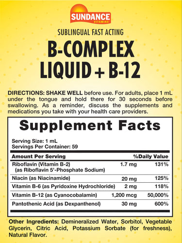 Label of B-Complex + B-12 2 oz Liquid displaying supplement facts and nutritional information.