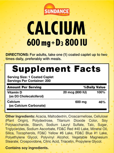 Supplement Facts panel for SD Calcium 600 mg plus D3, 200 tablets, detailed in an image for compact size visualization.