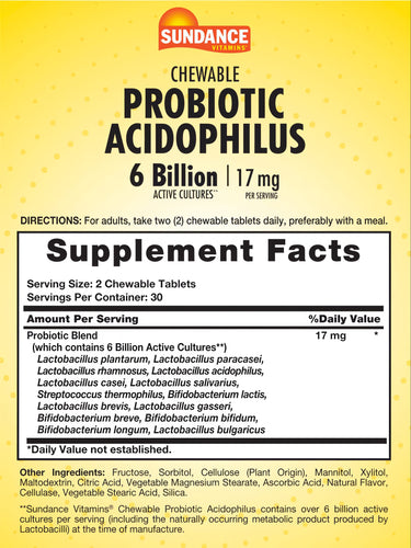 Chewable Probiotic Acidophilus tablets with 6 billion active cultures and 17 mg per serving, shown on a bulk scale.
