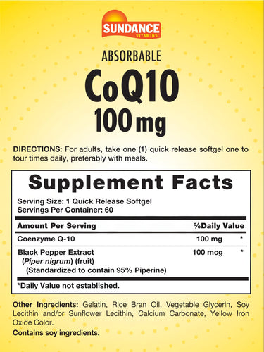 Image shows Supplement Facts for SD Co Q-10 indicating 100 mg per serving with 60 softgels in the package.