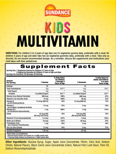 A panel displaying supplement facts for Kids Multi 50 Gummies.
