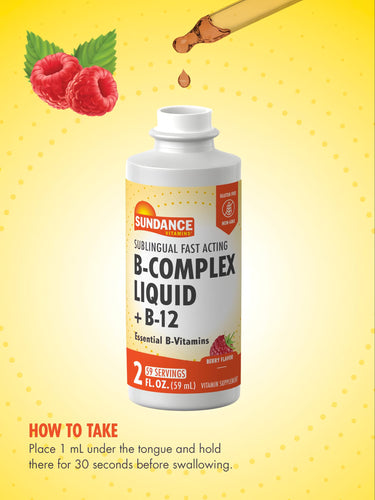B-Complex + B-12 liquid bottle, 2 fl. oz., with a dropper for 1 mL sublingual berry-flavored servings. Fast acting.