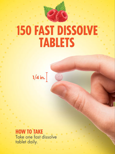 A fast dissolve tablet, 1/4 inch in size, held between two fingers.
