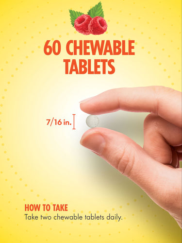 A chewable tablet is shown on a hand-held scale, measuring 7/16 inches in diameter, suitable for easy consumption.