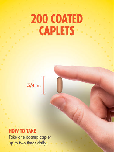 A hand holds a 3/4 inch coated caplet, demonstrating size by comparison.