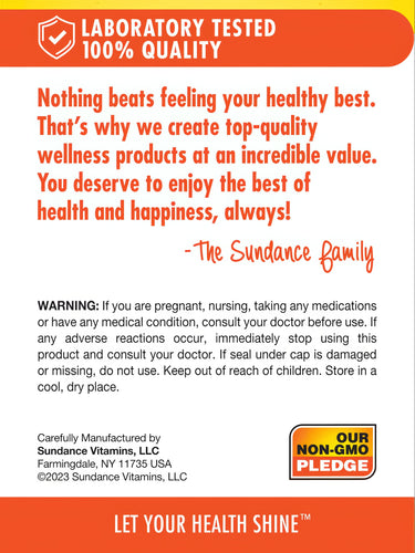 Infographic includes 'LABORATORY TESTED 100% QUALITY', 'OUR NON-GMO PLEDGE', wellness benefits, and a usage WARNING.