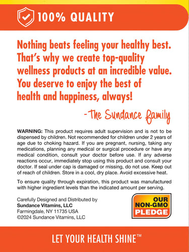 Graphic with '100% QUALITY' badge, Sundance family message, 'OUR NON-GMO PLEDGE' badge, and product warning note.