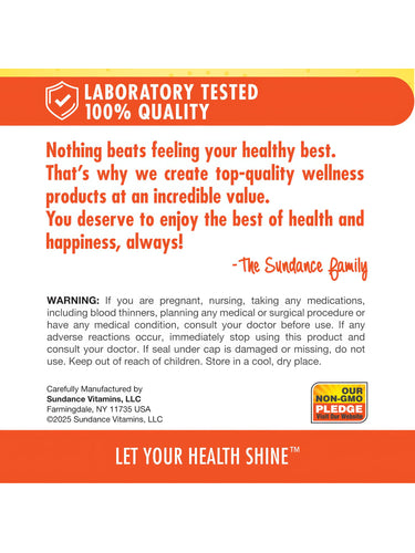 Infographic stating: Laboratory Tested 100% Quality, Our Non-GMO Pledge, and a message about creating top-quality wellness products for health and happiness.