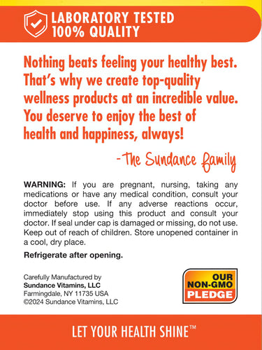 Infographic with text: Laboratory tested 100% quality, our non-GMO pledge, product warning, and manufacturing details.